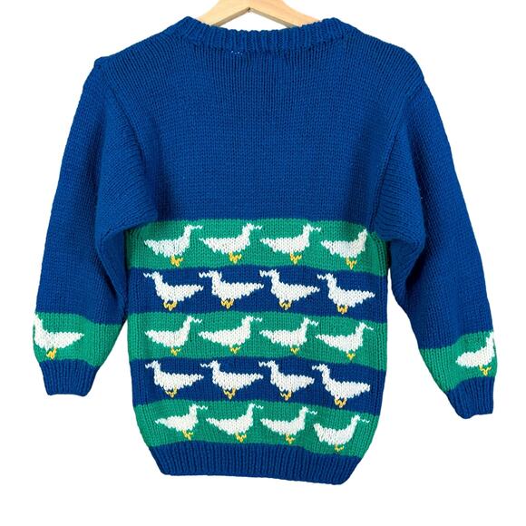 Vintage Puffins Hand Knit Novelty Sweater Geese Stripe Blue Green Girls M Medium - Picture 2 of 5
